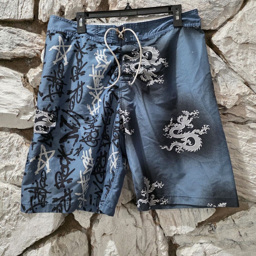 Vintage Y2K No Boundaries Dragon Blue Board Shorts Men’s 34 Swim Trunks Grunge